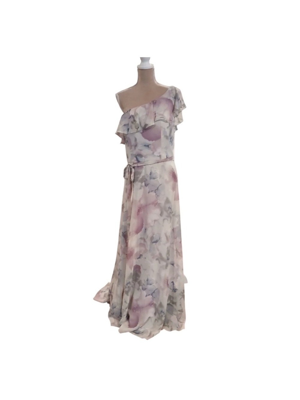 Mori Lee One-Shoulder Pastel Watercolor Ruffle Maxi Dress in Pink and Lavender